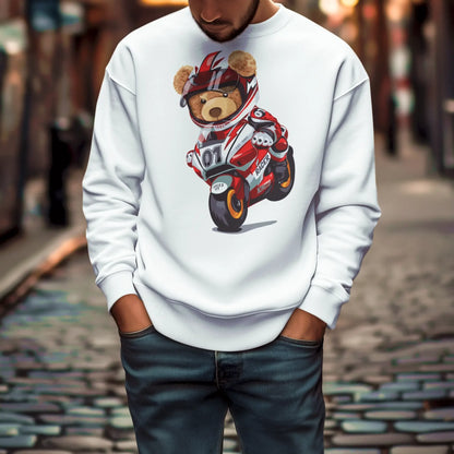 Black crewneck sweatshirt with bold Racer Teddy print – Μαύρο φούτερ λαιμόκοψη με έντονο τύπωμα του Racer Teddy.