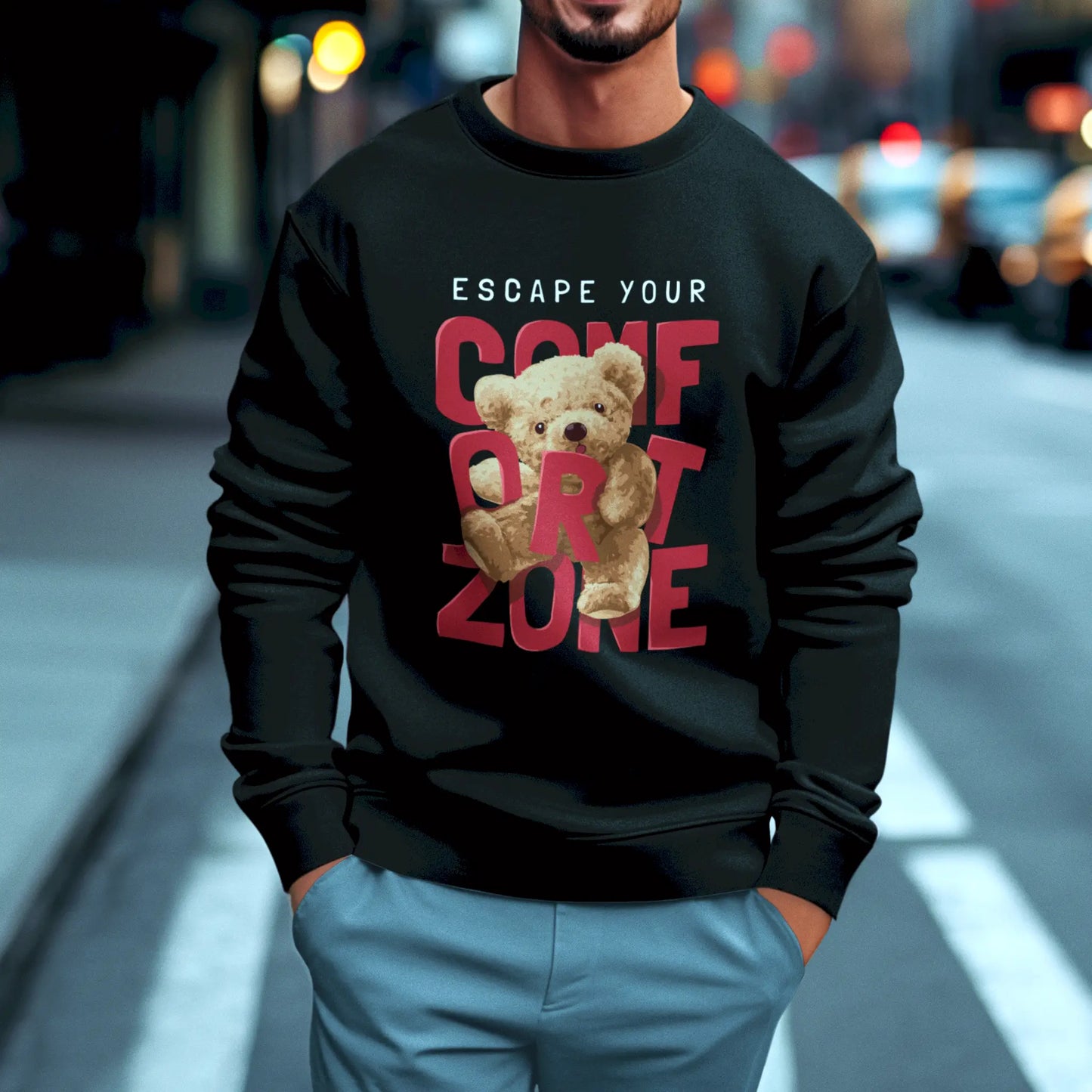 Black crewneck sweatshirt with cute teddy bear growth mindset – Μαύρο crewneck φούτερ με χαριτωμένο teddy bear growth mindset