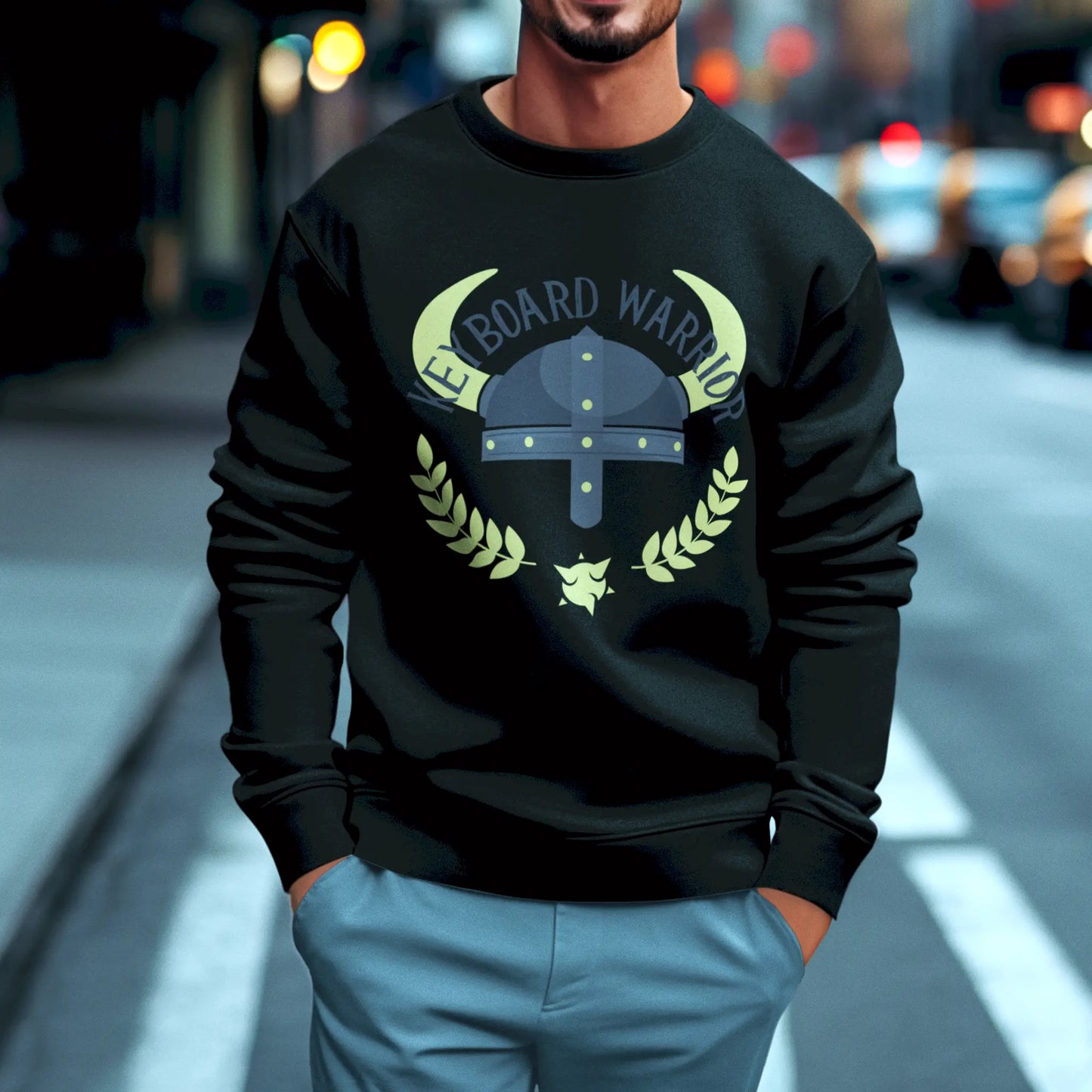 Black crewneck sweatshirt with premium warrior design - Μαύρο crewneck φούτερ με premium warrior design για sophisticated gamers
