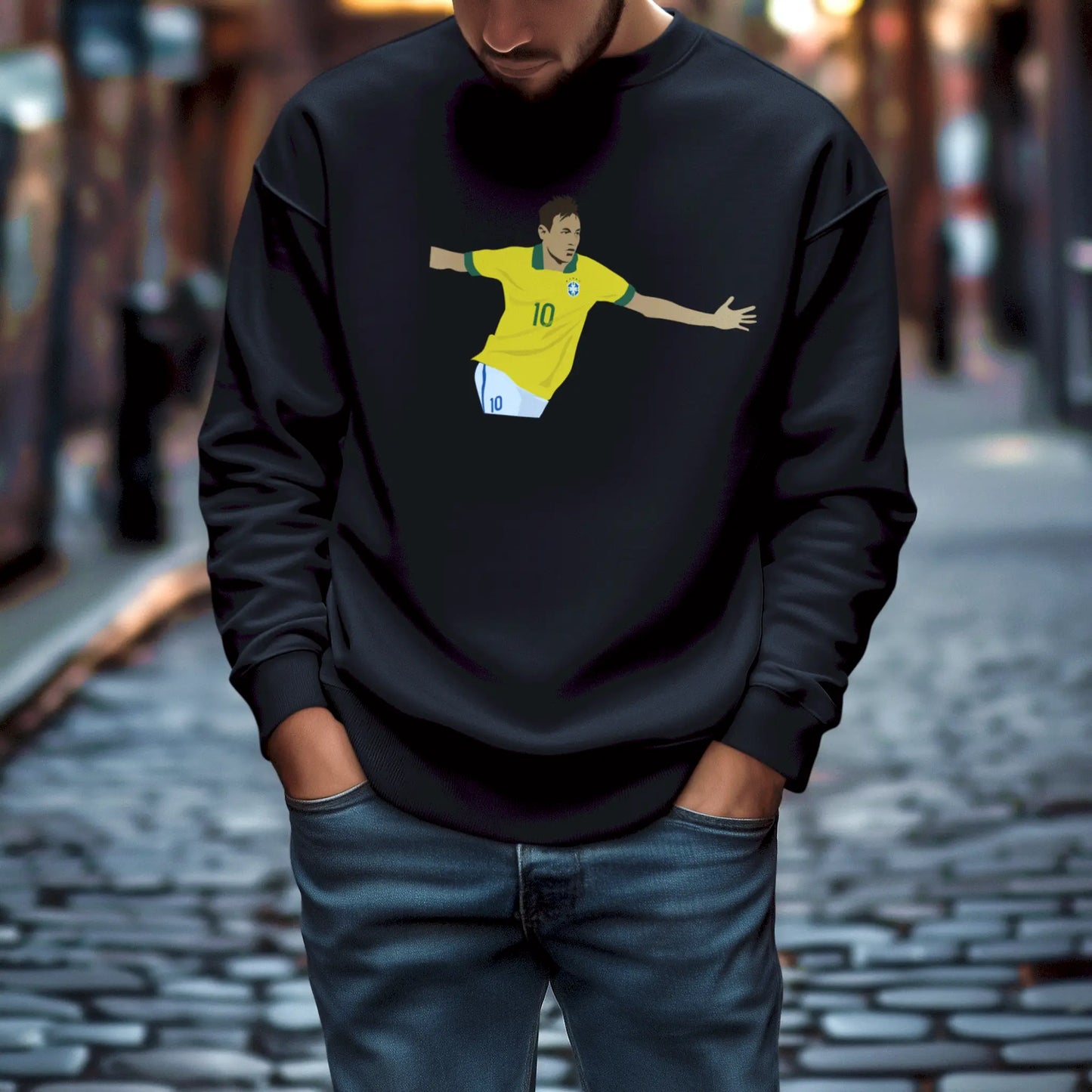 Black crewneck with glowing Neymar Jr. portrait front and bold. | Μαύρο φούτερ με φωτεινό πορτραίτο Neymar Jr. στο μπροστά μέρος.