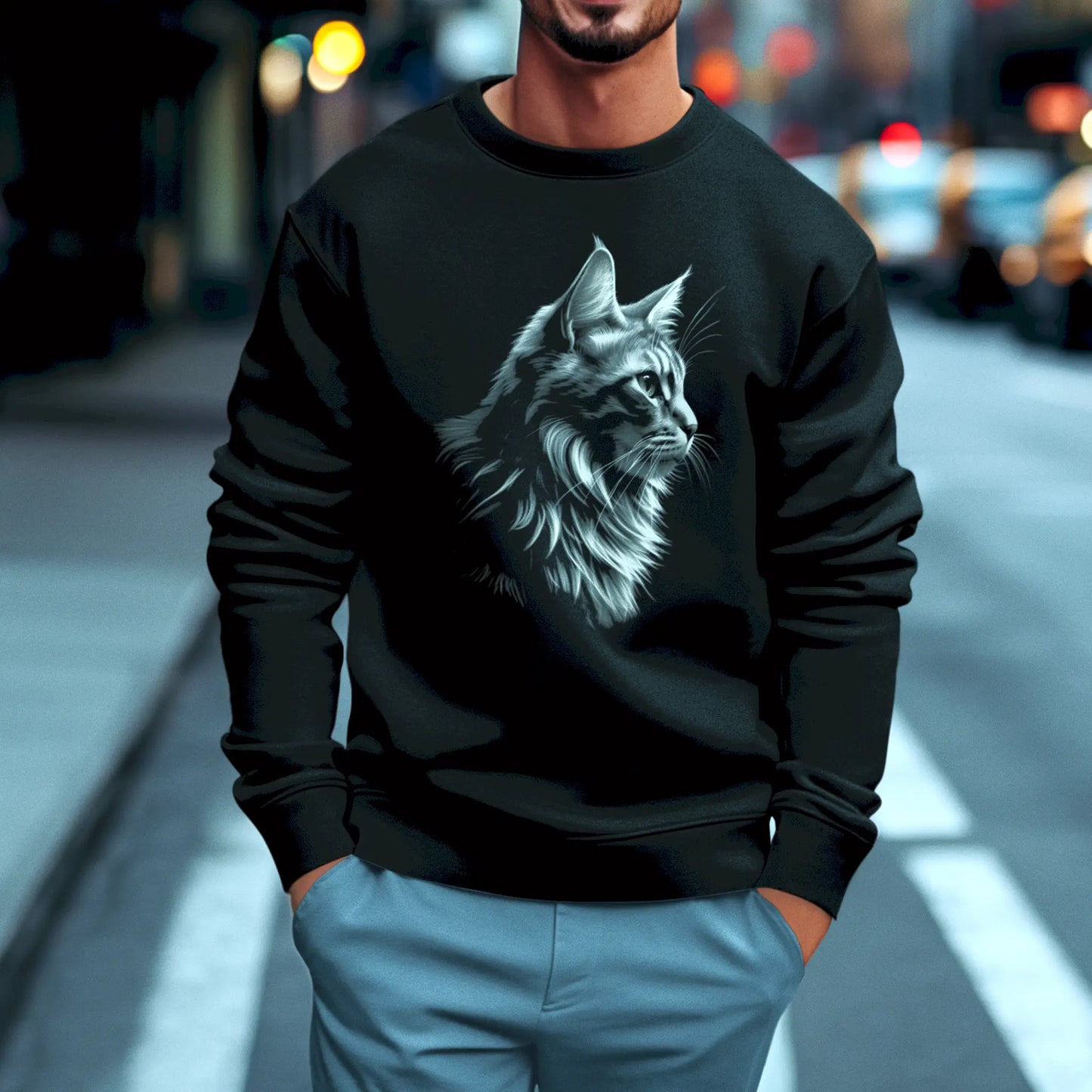 Black crewneck with monochrome cat art – Μαύρο φούτερ λαιμόκοψη με μονοχρωματικό σχέδιο γάτας σε προφίλ