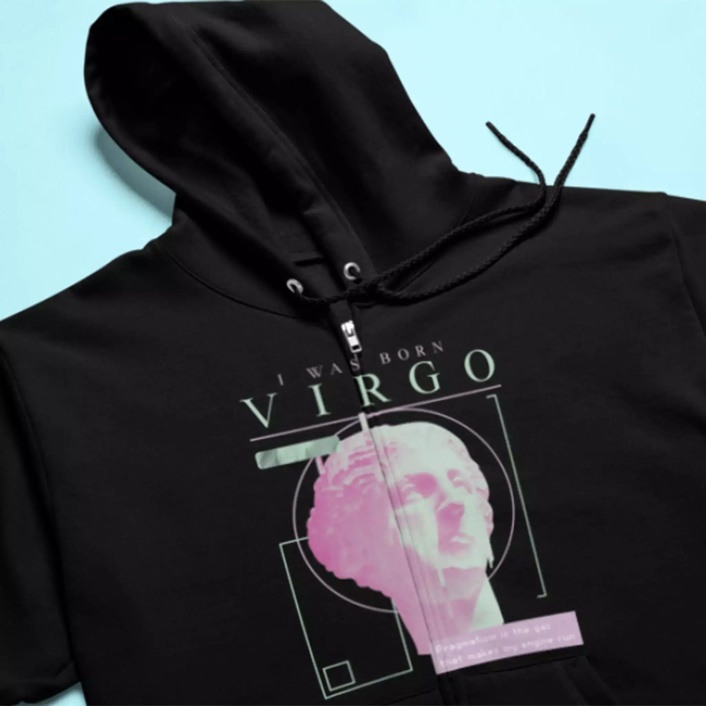 Black efficient Virgo zip hoodie with comfortable fit and statement about practical philosophy and organization / Μαύρη αποδοτική ζακέτα Παρθένου με άνετο fit και δήλωση για πρακτική φιλοσοφία και οργάνωση