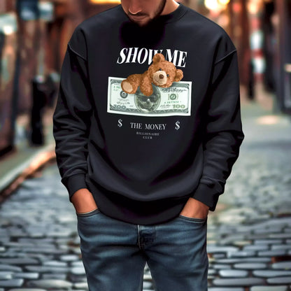 Black fleece sweatshirt with luxury teddy holding money and flexing confidence – Μαύρο φούτερ με αρκουδάκι που κρατά λεφτά και αποπνέει αυτοπεποίθηση
