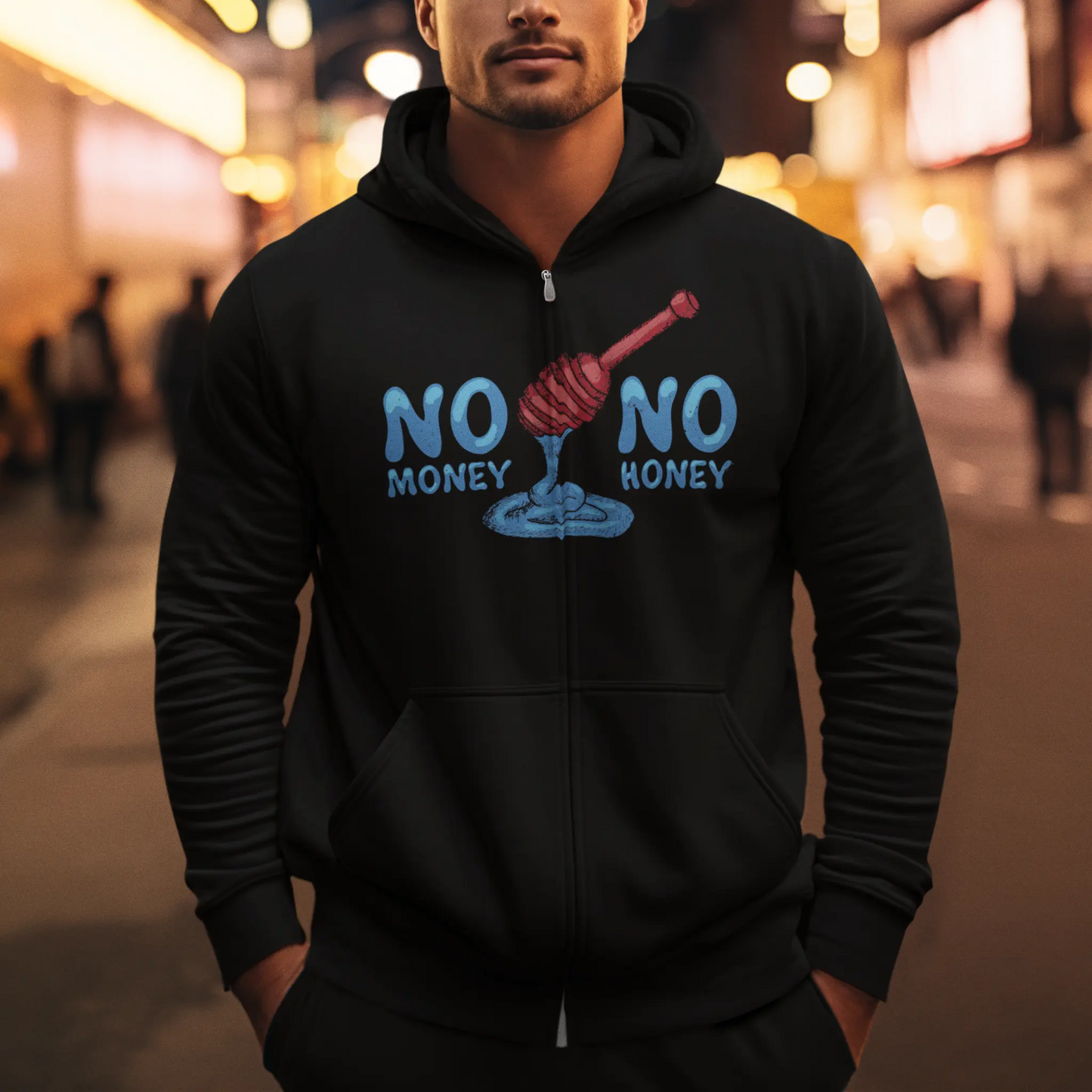 Black full-zip hooded sweatshirt featuring a detailed graphic drawing of a street culture slogan. — Μαύρη ζακέτα φούτερ με κουκούλα που φέρει ένα λεπτομερές γραφικό σχέδιο ενός σλόγκαν της street κουλτούρας
