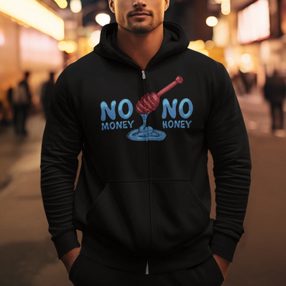 Black full-zip hooded sweatshirt featuring a detailed graphic drawing of a street culture slogan. — Μαύρη ζακέτα φούτερ με κουκούλα που φέρει ένα λεπτομερές γραφικό σχέδιο ενός σλόγκαν της street κουλτούρας