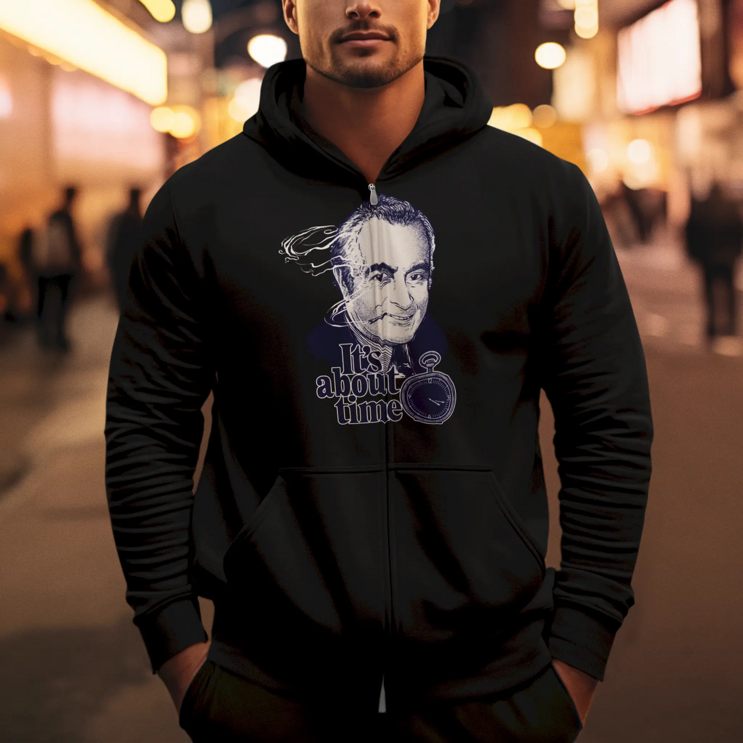 Black full-zip hooded sweatshirt featuring an detailed monochrome ink drawing. — Μαύρη ζακέτα φούτερ με κουκούλα που φέρει ένα λεπτομερές μονόχρωμο σχέδιο μελάνης