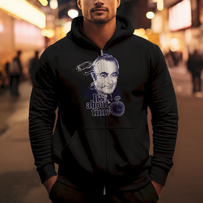 Black full-zip hooded sweatshirt featuring an detailed monochrome ink drawing. — Μαύρη ζακέτα φούτερ με κουκούλα που φέρει ένα λεπτομερές μονόχρωμο σχέδιο μελάνης