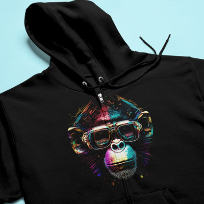 Black full-zip hooded sweatshirt featuring an detailed monochrome pop art ape drawing. — Μαύρη ζακέτα φούτερ με κουκούλα που φέρει ένα λεπτομερές μονόχρωμο σχέδιο πιθήκου pop art
