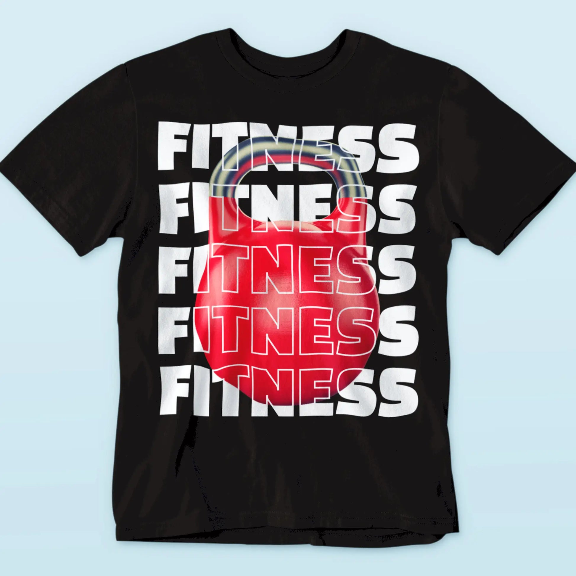 Black gym shirt with layered text and vivid red fitness icon – Μαύρο t-shirt με layers και εστίαση στο kettlebell