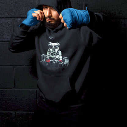 Black hoodie με “Shut up and lift” bulldog print – Print σε μαύρο hoodie για focus στο workout