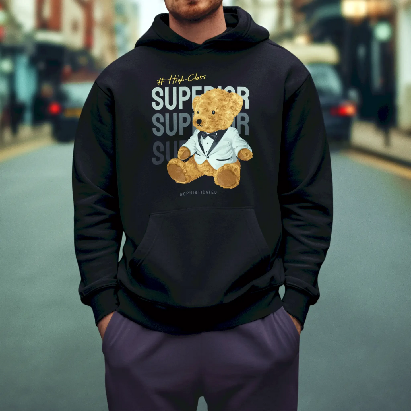 Black hoodie featuring an elegant teddy bear in formal wear – Μαύρη κουκούλα με κομψό αρκουδάκι σε επίσημο ντύσιμο
