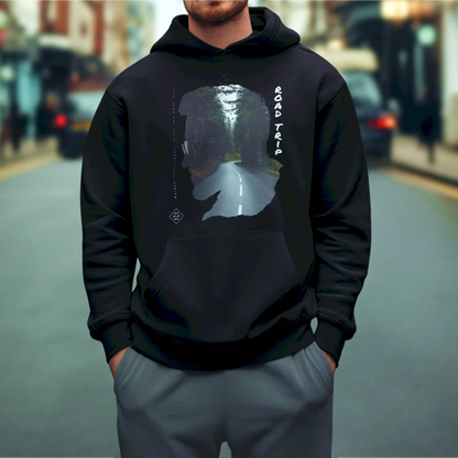Black hoodie featuring nature art - μαύρη φούτερ κουκούλα με φύση και  double exposure forest road trip για wilderness enthusiasts