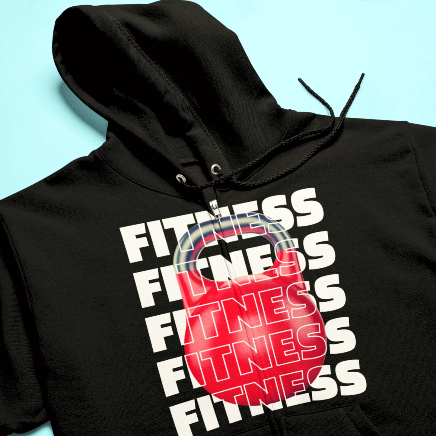 Black hoodie mockup featuring red kettlebell FITNESS print – Μάυρο φούτερ με εκτύπωση κόκκινης kettlebell και τη λέξη FITNESS