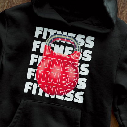 Black hoodie mockup featuring red kettlebell FITNESS print – Μαύρη φούτερ με εκτύπωση κόκκινης kettlebell και τη λέξη FITNESS