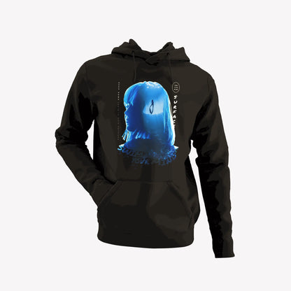 Black hoodie showcasing ‘Surface – Swim Your Mind’ artistic print | Μαύρο hoodie με καλλιτεχνικό σχέδιο ‘Surface – Swim Your Mind