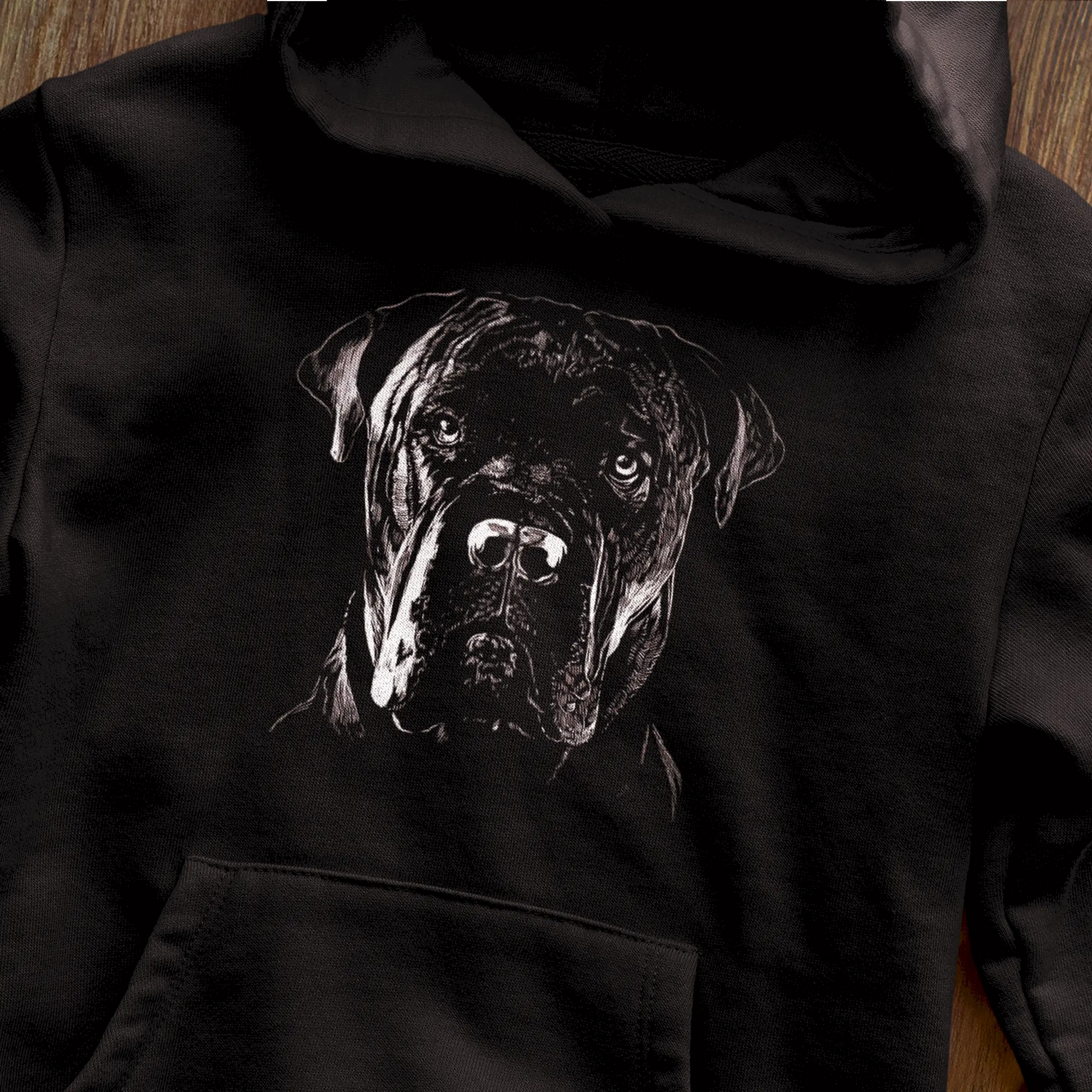 Black hoodie showcasing strong, loyal dog breed art — Μαύρη κουκούλα που δείχνει ισχυρή, πιστή ράτσα.