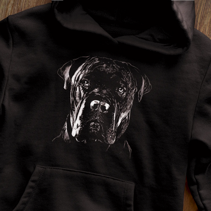 Black hoodie showcasing strong, loyal dog breed art — Μαύρη κουκούλα που δείχνει ισχυρή, πιστή ράτσα.