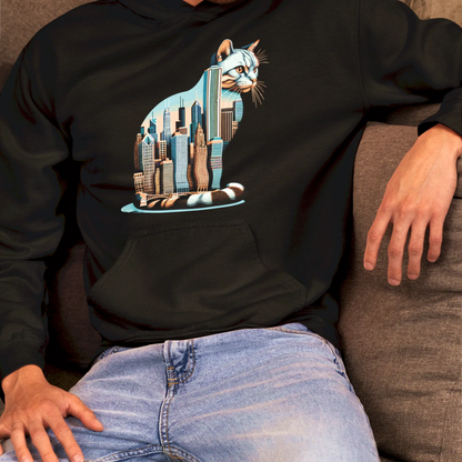 Black hoodie with artistic skyline cat design – Μαύρο hoodie με γάτα που ενσωματώνει το Chicago skyline