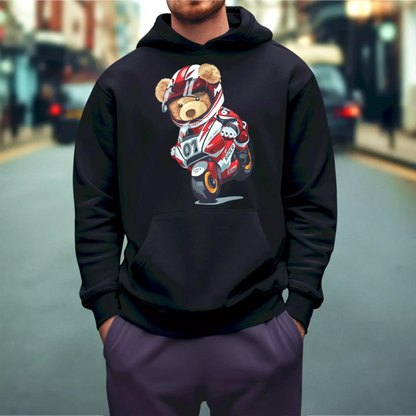 Black hoodie with bold Racer Teddy print – Μαύρο hoodie με έντονο τύπωμα του Racer Teddy.