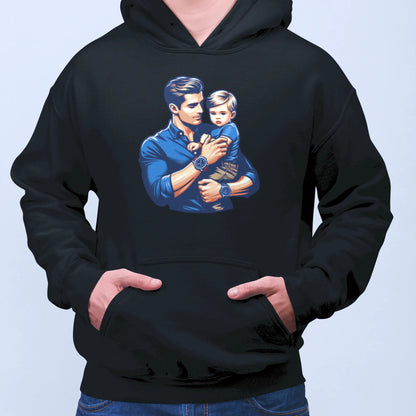 Black hoodie with bold artistic father-son graphic – Μαύρη κουκούλα με έντονο καλλιτεχνικό γραφικό πατέρα-γιου.
