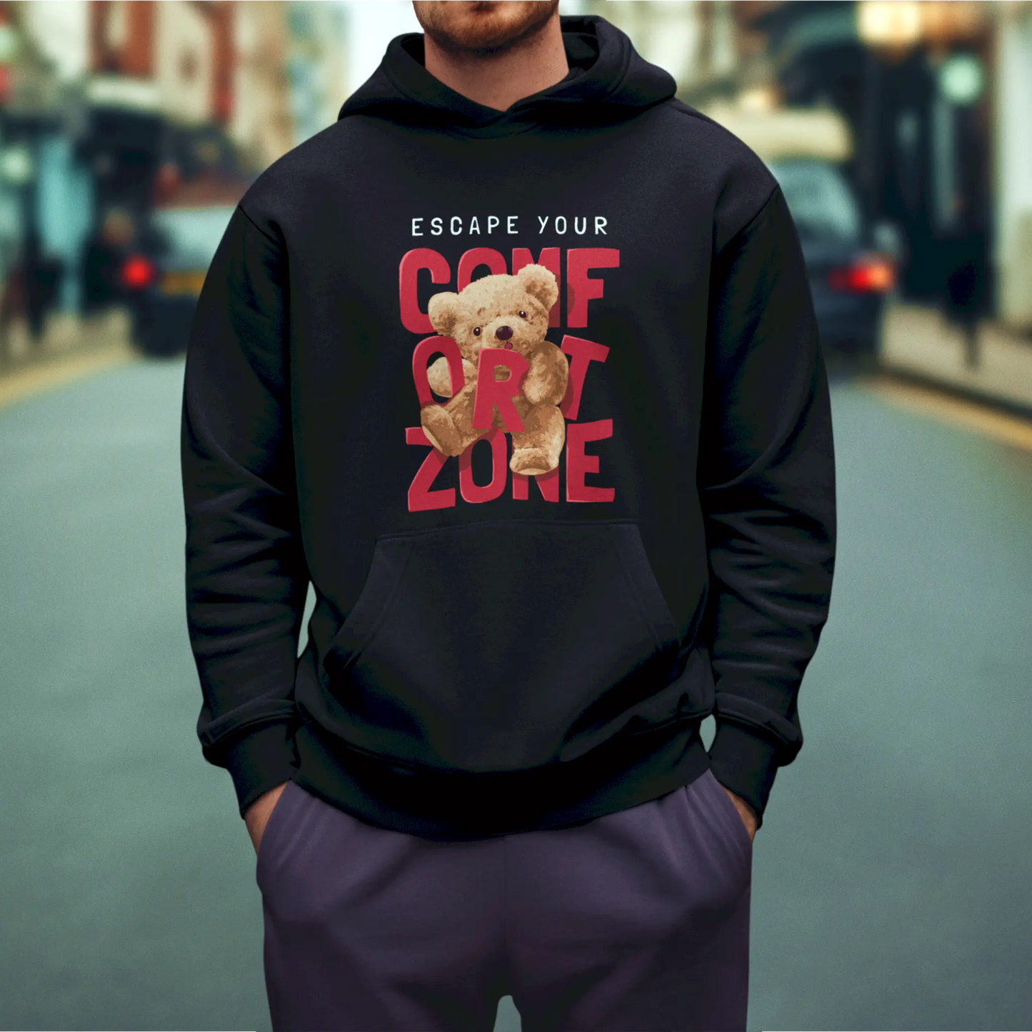 Black hoodie with cute teddy bear escape your comfort zone graphic – Μαύρο hoodie με χαριτωμένο teddy bear escape your comfort zone γραφικό