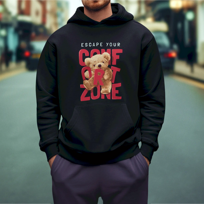 Black hoodie with cute teddy bear escape your comfort zone graphic – Μαύρο hoodie με χαριτωμένο teddy bear escape your comfort zone γραφικό