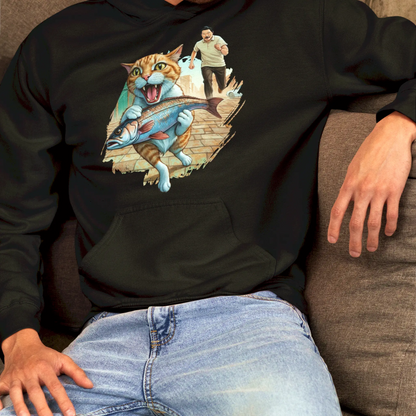 Black hoodie with hood featuring cat lover's favorite fishing scene design - μαύρο φούτερ με κουκούλα και αγαπημένο σχέδιο ψαρέματος γατόφιλου