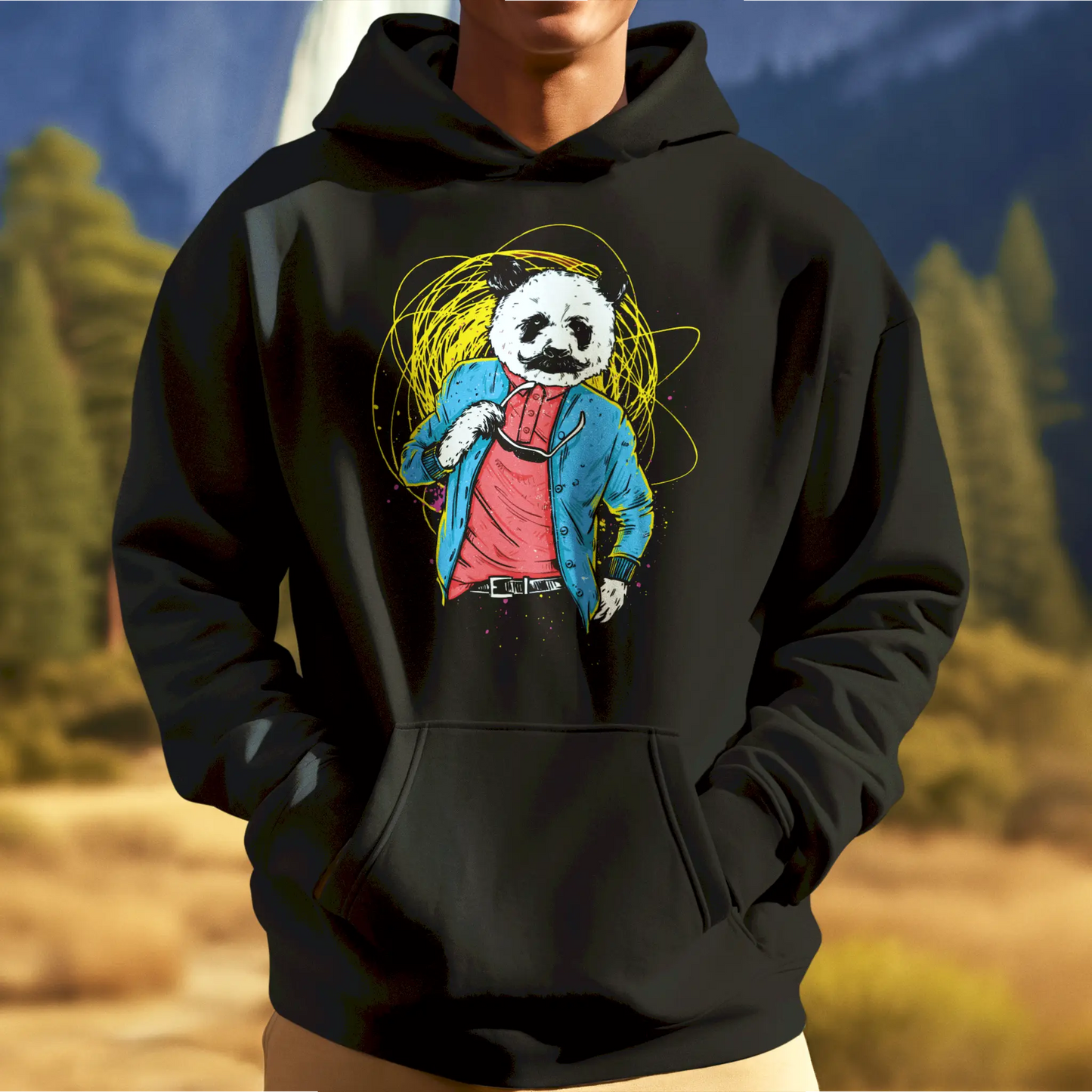 Black hoodie with printed artwork of a calm, confident panda – Μαύρο hoodie με σχέδιο πάντα που αποπνέει ηρεμία και αυτοπεποίθηση