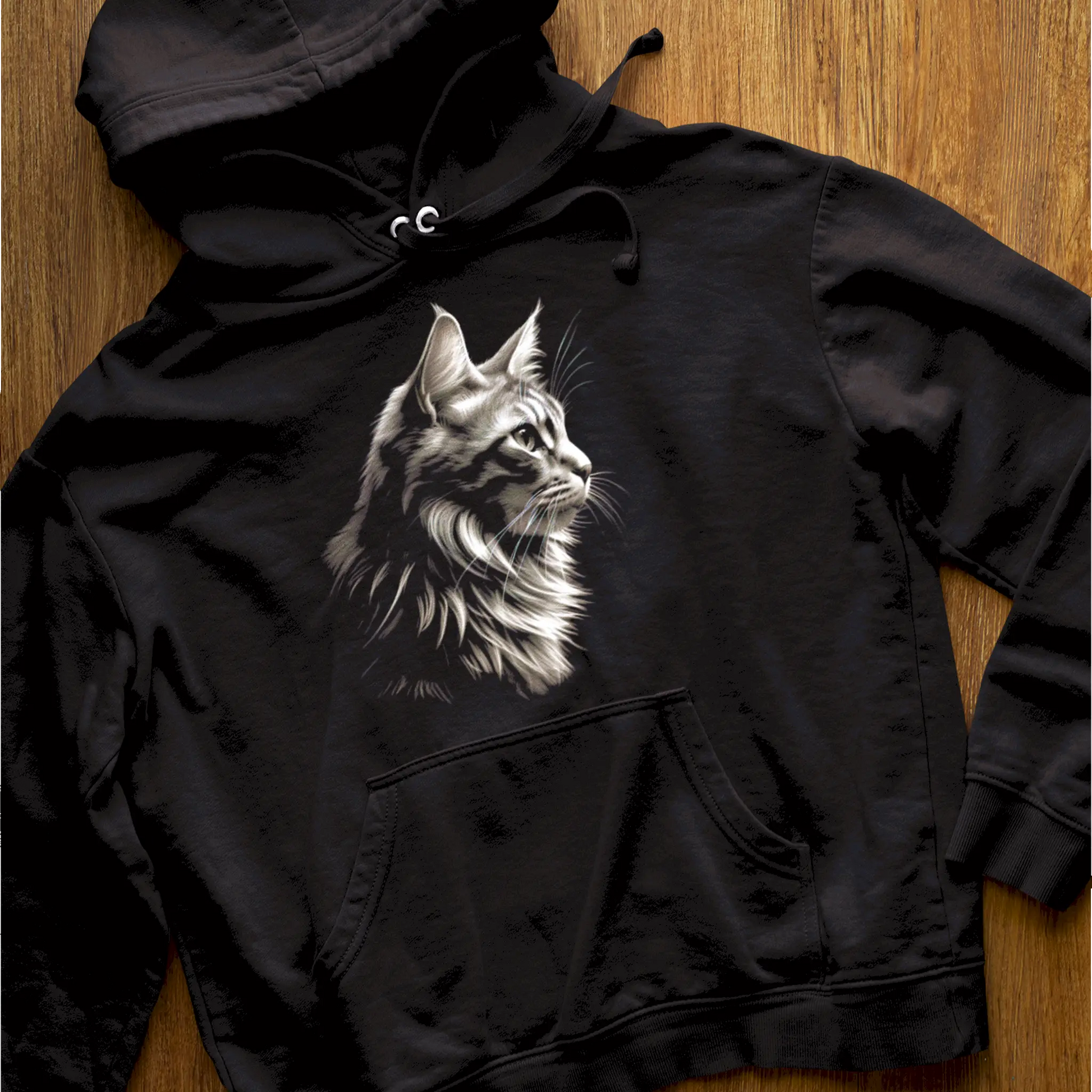 Black hoodie with regal cat profile design – Μαύρο hoodie με σχέδιο γάτας σε προφίλ, ιδανικό για εσωστρεφείς badass τύπους