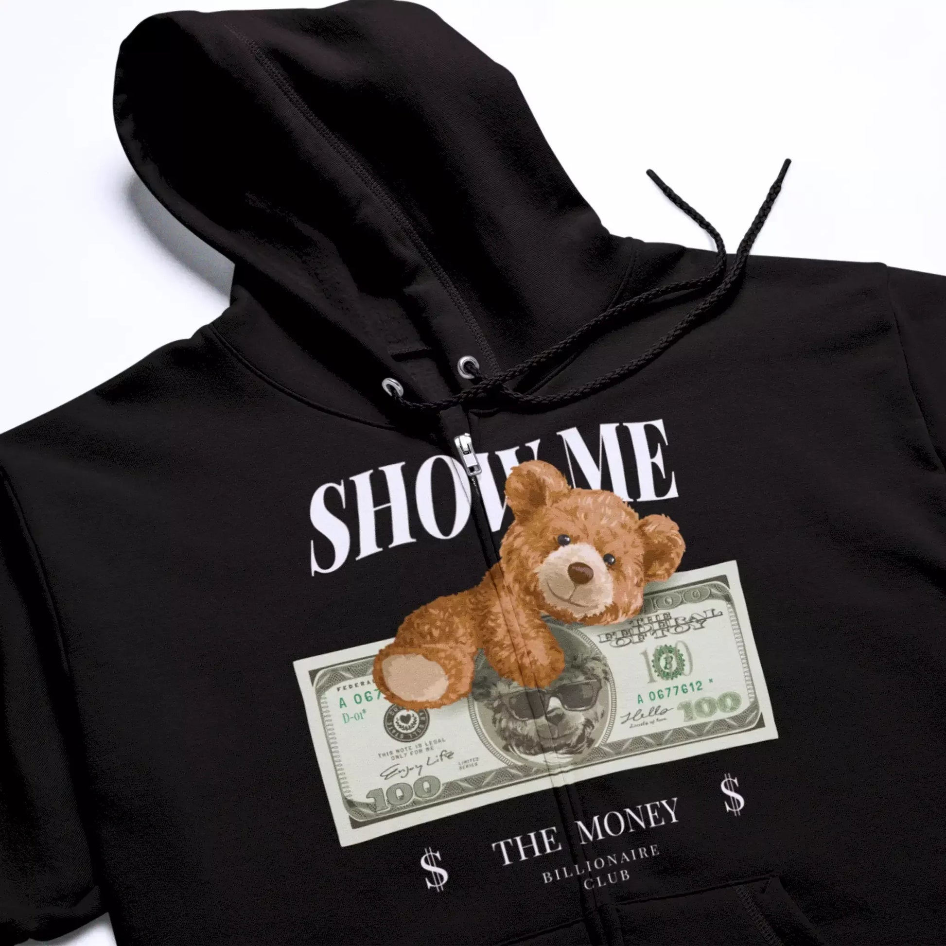 Black hoodie with teddy throwing cash and wearing shades – Μαύρο hoodie με αρκούδο που πετάει λεφτά και φοράει γυαλιά