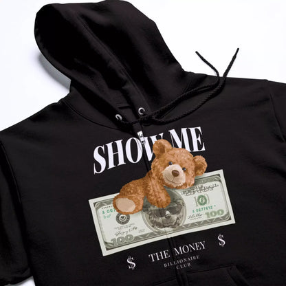 Black hoodie with teddy throwing cash and wearing shades – Μαύρο hoodie με αρκούδο που πετάει λεφτά και φοράει γυαλιά