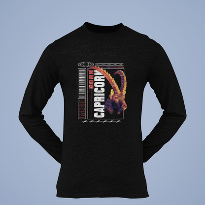 Black long sleeve Capricorn shirt with urban earth sign design perfect for practical and grounded individuals / Μαύρο μακρυμάνικο Αιγόκερος με urban earth sign σχέδιο ιδανικό για πρακτικά και γήινα άτομα