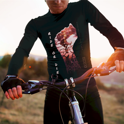Black long sleeve ride or die cycling shirt - μακρυμάνικη ποδηλάτης μπλούζα με urban bike rider artwork για cycling enthusiasts
