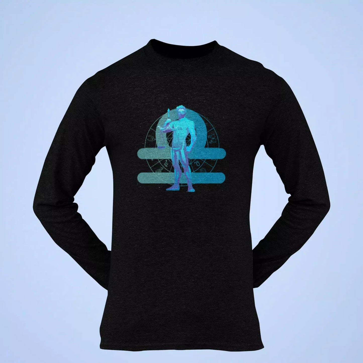Black long sleeve shirt adorned with Libra horoscope artwork and a chic scales motif – Μαύρο μακρυμάνικο που διακοσμείται με αστρολογικό σχέδιο Ζυγού και ένα κομψό μοτίβο ζυγαριάς.