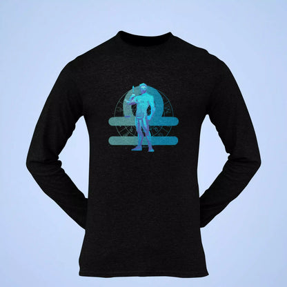 Black long sleeve shirt adorned with Libra horoscope artwork and a chic scales motif – Μαύρο μακρυμάνικο που διακοσμείται με αστρολογικό σχέδιο Ζυγού και ένα κομψό μοτίβο ζυγαριάς.