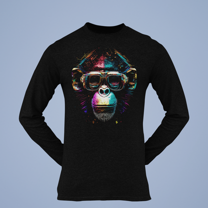 Black long sleeve shirt decorated with a vintage halftone ape illustration. — Μαύρη μακρυμάνικη μπλούζα διακοσμημένη με μια vintage εικονογράφηση πιθήκου σε στυλ halftone