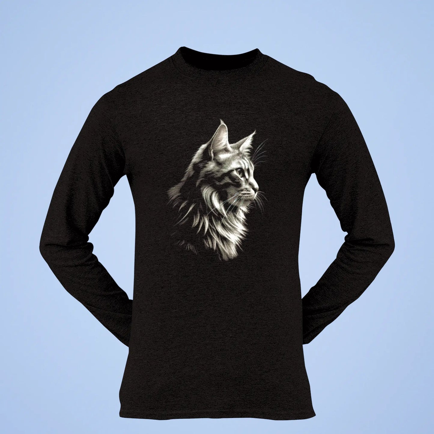 Black long sleeve shirt with fine feline sketch – Μακρυμάνικο μαύρο μπλουζάκι με λεπτομερές σκίτσο γάτας