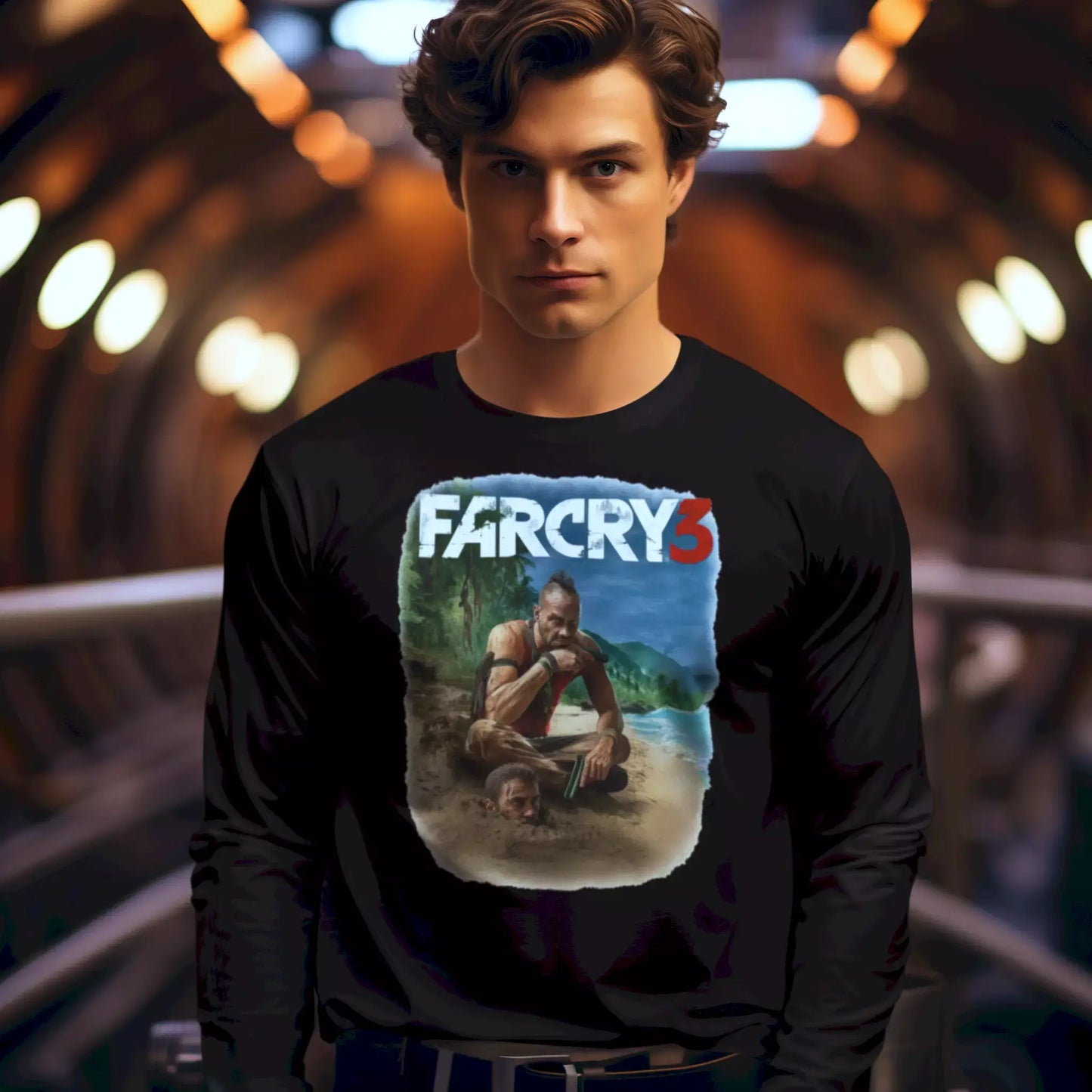 Black long sleeve t-shirt combining comfort and visual impact with Vaas Montenegro fade design – Μαύρο μακρυμάνικο μπλουζάκι που συνδυάζει άνεση και οπτική ένταση με fade design του Vaas Montenegro