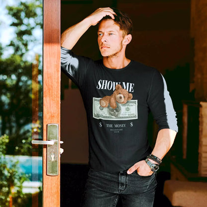 Black long sleeve t-shirt featuring cartoon teddy bear with cash stack and sunglasses – Μαύρο μακρυμάνικο μπλουζάκι με σχέδιο αρκουδάκι με γυαλιά ηλίου και δεσμίδες χρημάτων