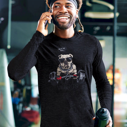 Black long sleeve tee with muscular bulldog and barbell art – Μαύρο μακρυμάνικο με βάρη και στυλ σκύλου