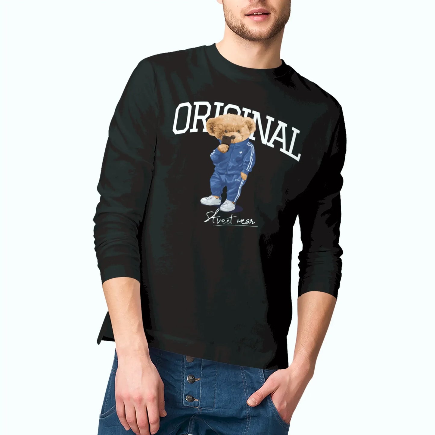 Black long sleeve tee with sleek streetwear bear print – Μαύρο μακρυμάνικο μπλουζάκι με κομψή εκτύπωση αρκούδου streetwear