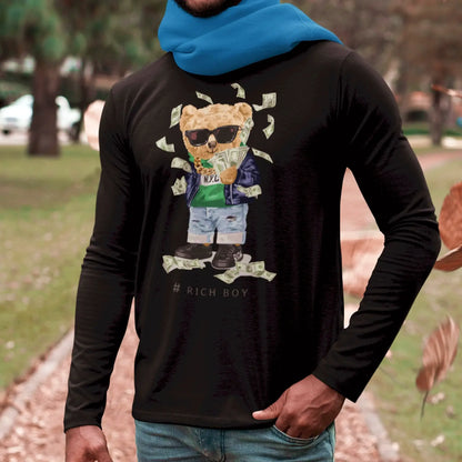 Black long sleeve tee with teddy bear holding a money gun in luxury style – Μαύρο μακρυμάνικο μπλουζάκι με αρκούδο και money gun σε στυλ πολυτέλειας