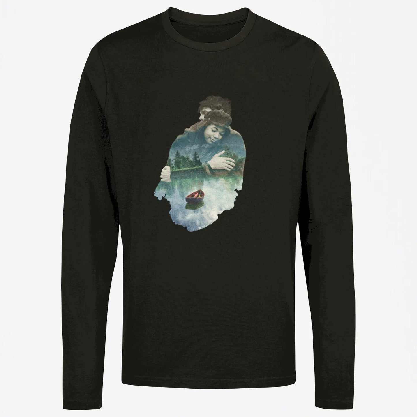 Black long sleeve with romantic double exposure hug artwork – Μαύρο μακρυμάνικο με ρομαντικό έργο διπλής έκθεσης αγκαλιάς