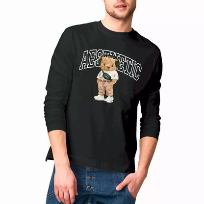 Black long sleeve with teddy wearing headphones – Μαύρη μακρυμάνικη με αρκούδι που φορά ακουστικά.