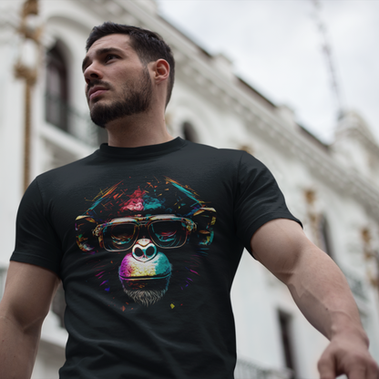 Black minimalist t-shirt featuring an artistic halftone gorilla graphic. — Μαύρο μινιμαλιστικό t-shirt που φέρει ένα καλλιτεχνικό γραφικό γορίλα σε στυλ halftone