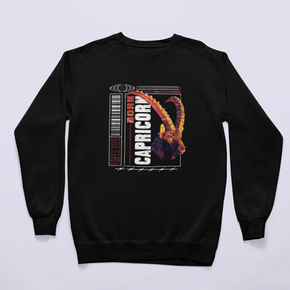 Black practical Capricorn sweatshirt with comforting fit and statement about grounded nature and earthly energy / Μαύρο πρακτικό φούτερ Αιγόκερου με άνετο fit και δήλωση για γήινη φύση και ενέργεια