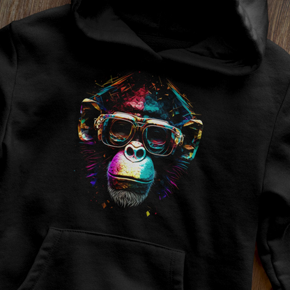 Black pullover hoodie featuring a funny pop art style ape drawing. — Μαύρο φούτερ με κουκούλα που φέρει ένα χιουμοριστικό σχέδιο πιθήκου σε στυλ pop art