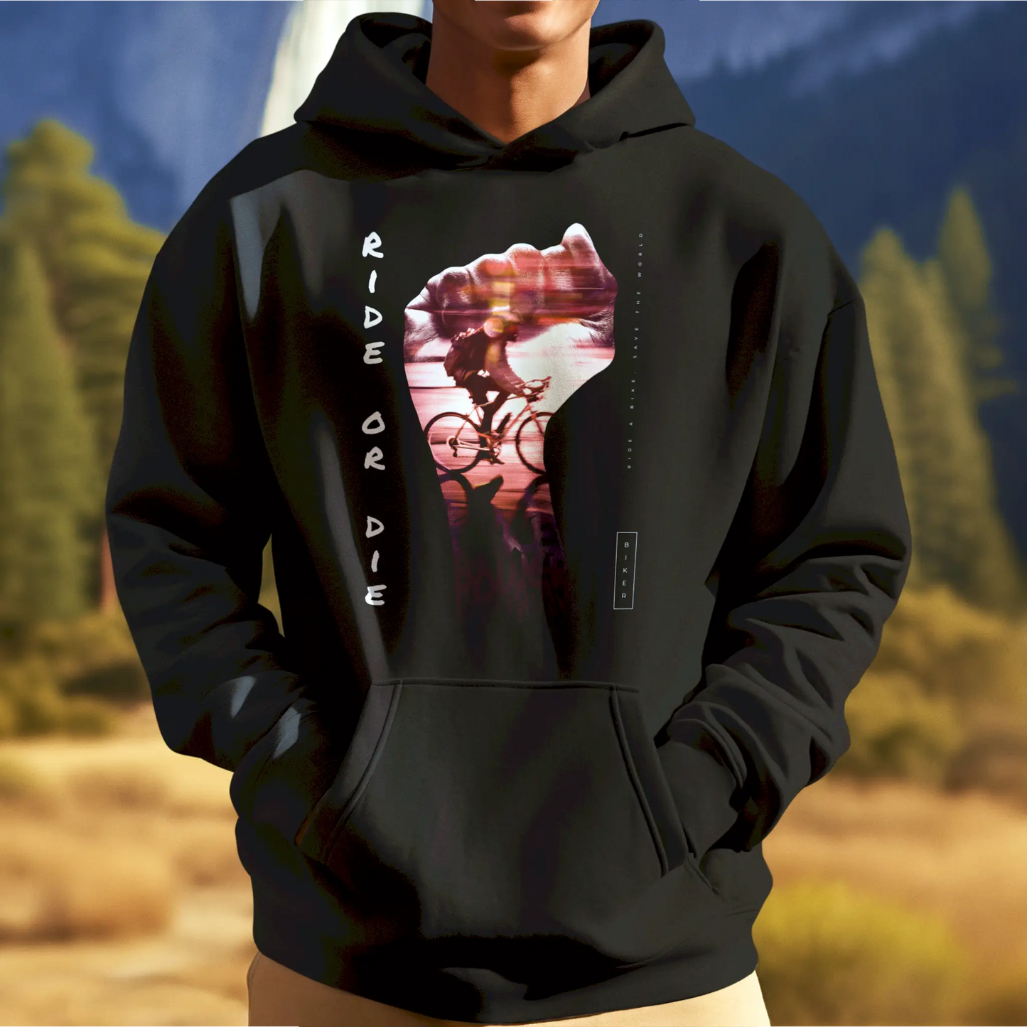 Black ride or die cycling hoodie με κουκούλα - μαύρο ποδηλάτης φούτερ με urban bike rider art για cycling enthusiasts