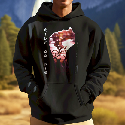 Black ride or die cycling hoodie με κουκούλα - μαύρο ποδηλάτης φούτερ με urban bike rider art για cycling enthusiasts