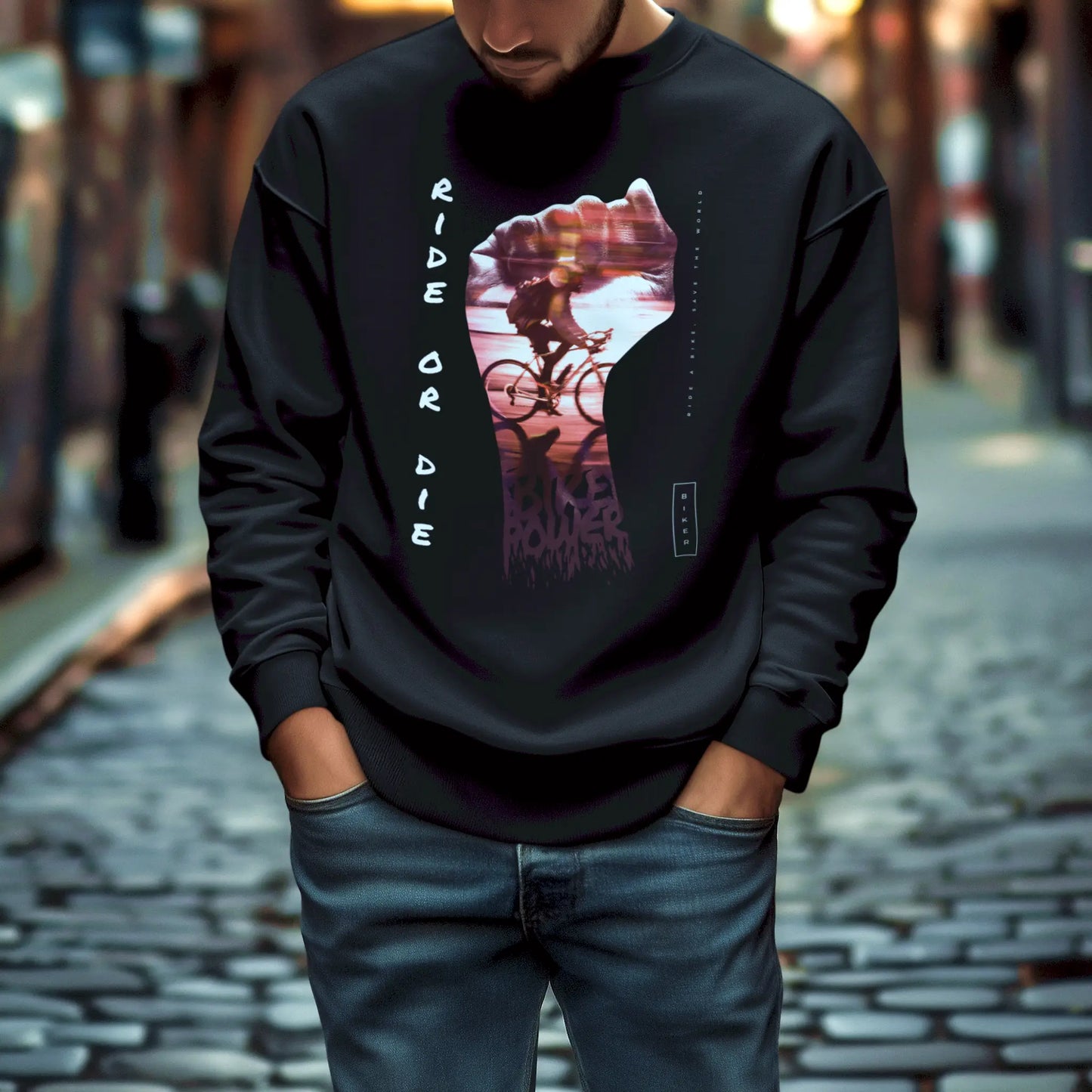 Black ride or die cycling sweatshirt - μαύρο φούτερ ποδηλάτης με urban bike rider design για cycling enthusiasts και bike culture
